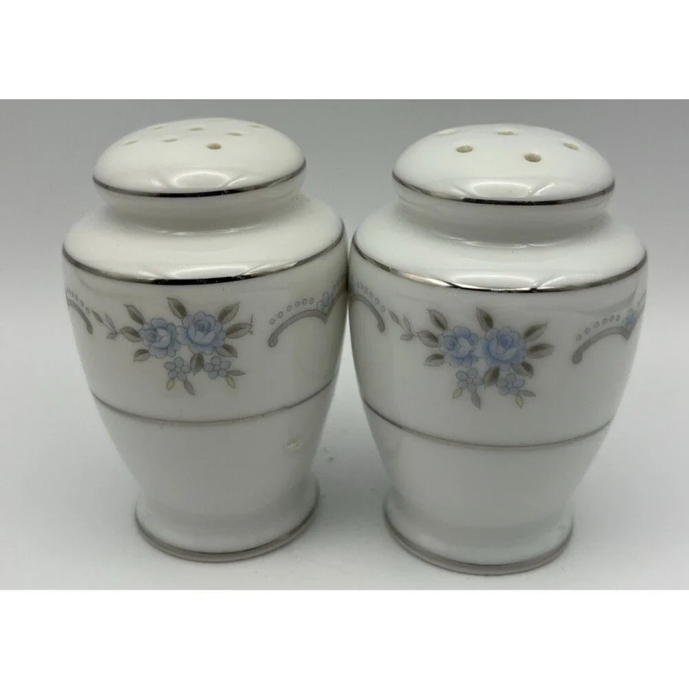Style House Salt & Peppers Shakers Anniversary Pattern Blue Roses Silver trim